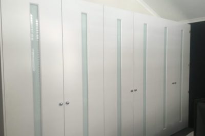 Hinged White Glass Custom Decor with White Glass Polyurethane Painted Doors - 6 door combination