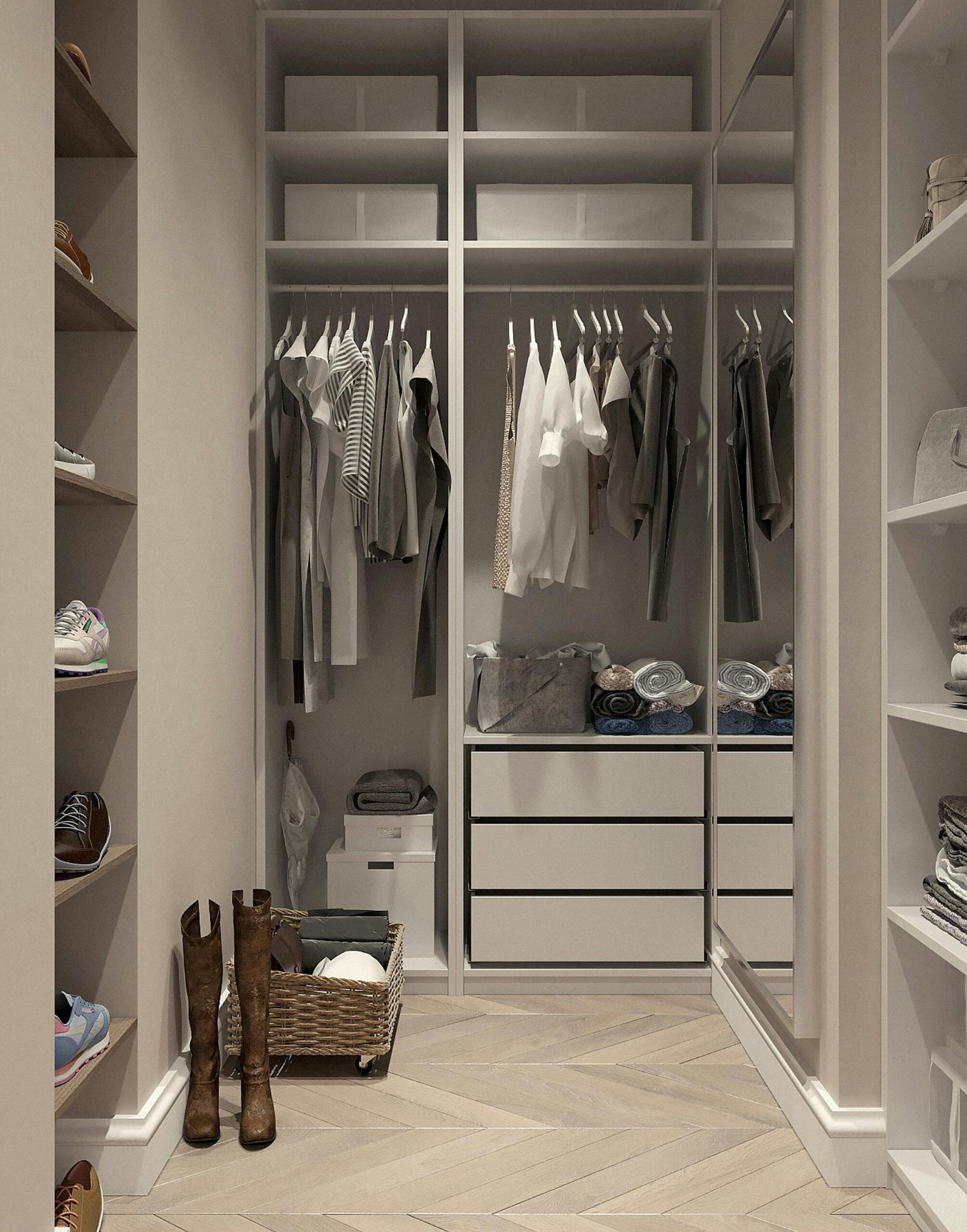 Stylish walk-in closet with neutral tones and contemporary design elements.