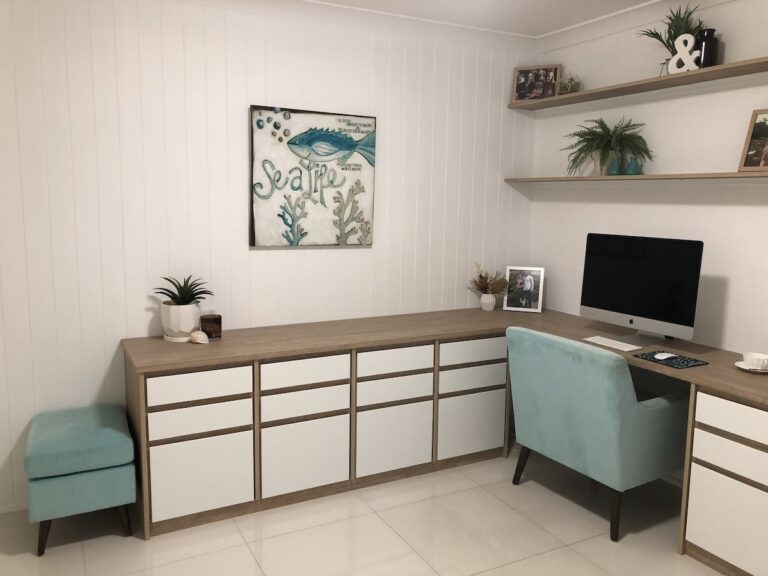 Coloured laminate desk with poly drawer fronts