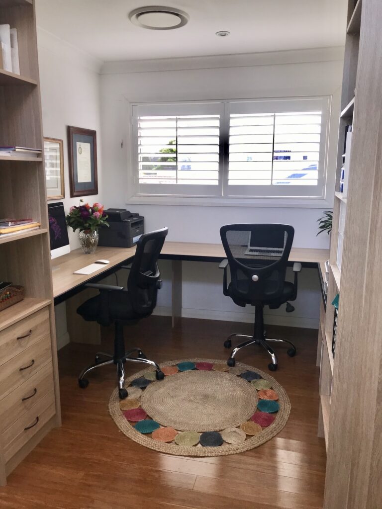 Coloured laminate study with black handles and shelf stiffeners